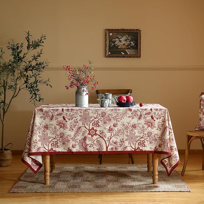 ISAENNE Designer French Linen Square Tablecloth,Red Floral Washable Indoor Table Cloth,Durable Home Decor Tablecloths for Dining Thanksgiving Kitchen Tea Party Christmas,67"*67"-Ruyi A