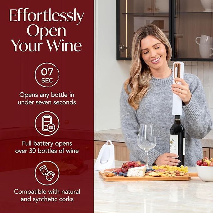 Rechargeable Electric Wine Bottle Opener - Charging Base and Foil Cutter Included with Automatic Wine Opener - Electric Corkscrew for Easy Cork Removal - Best Gift for Wine Lover (White & Rose Gold)