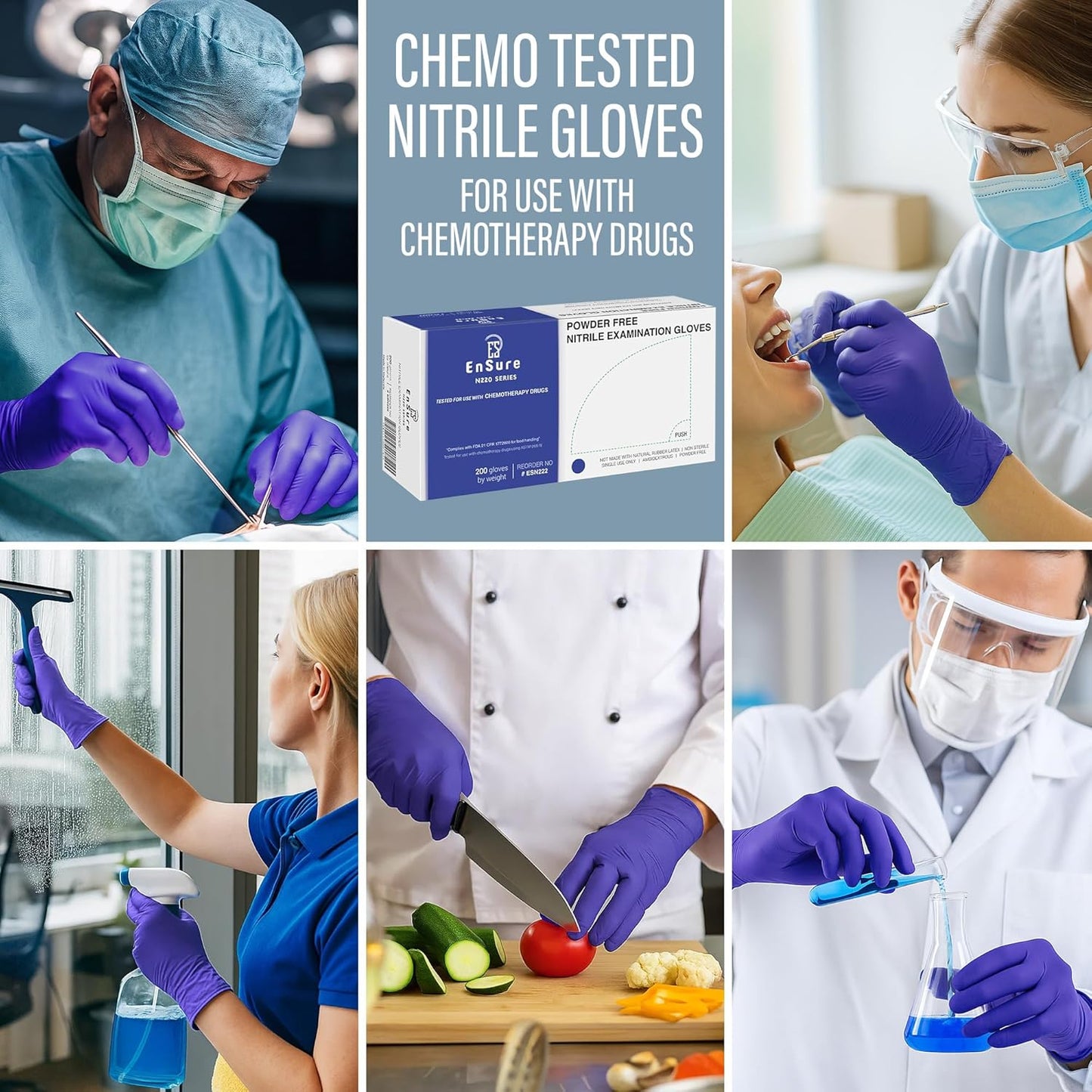 EnSure Nitrile Exam Gloves, Powder-Free, Latex-Free, Chemo Rated, Non-Sterile, Light Duty, Textured Tips, Medical, Surgical, Food Safe, Cleaning, Dental, Lab Use - 3 Mil (X-Large, 2000 Count)