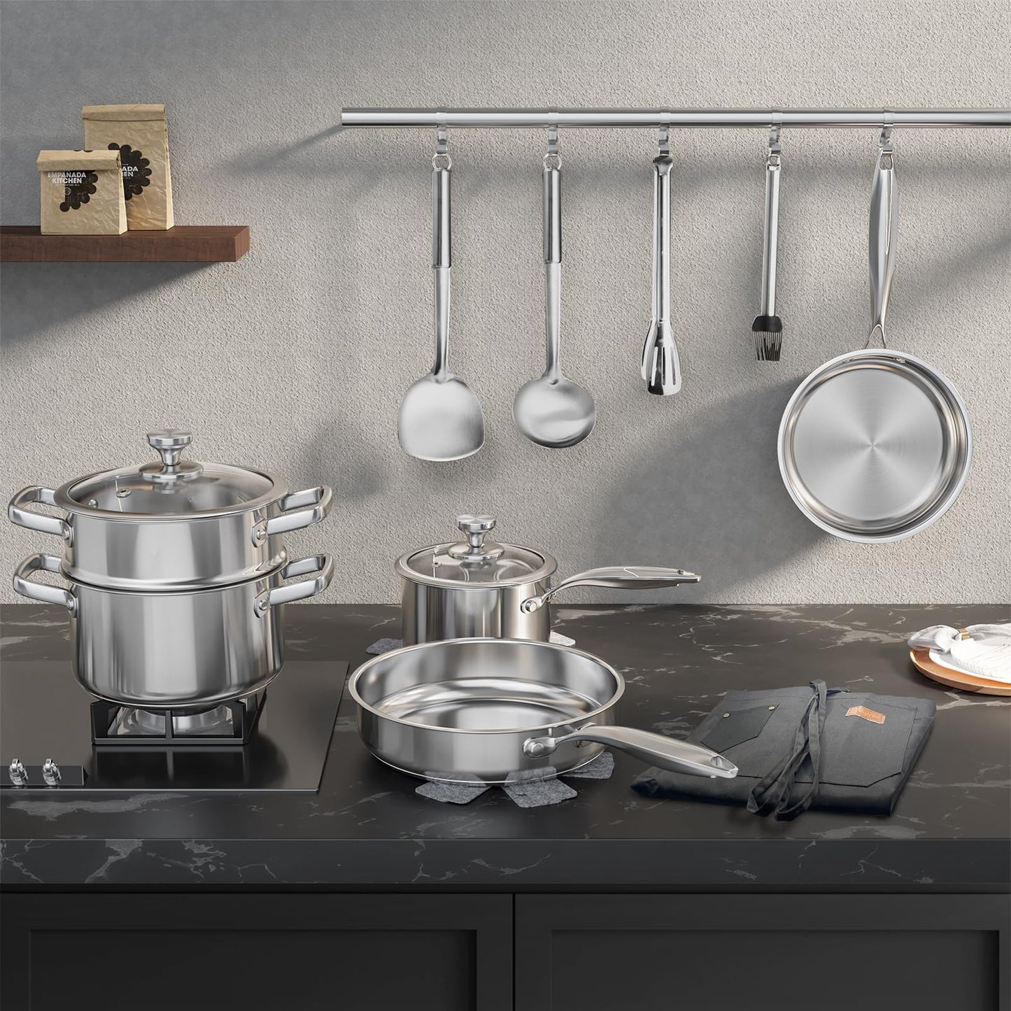 Meythway 𝐇𝐄𝐀𝐕𝐘 Pots and Pans Set Non Toxic, 16PCs Stainless Steel Cookware Set with Steamer, Kitchen Induction Cookware with Utensil Sets, Pot Protectors and Apron For Oven & Dishwasher Safe