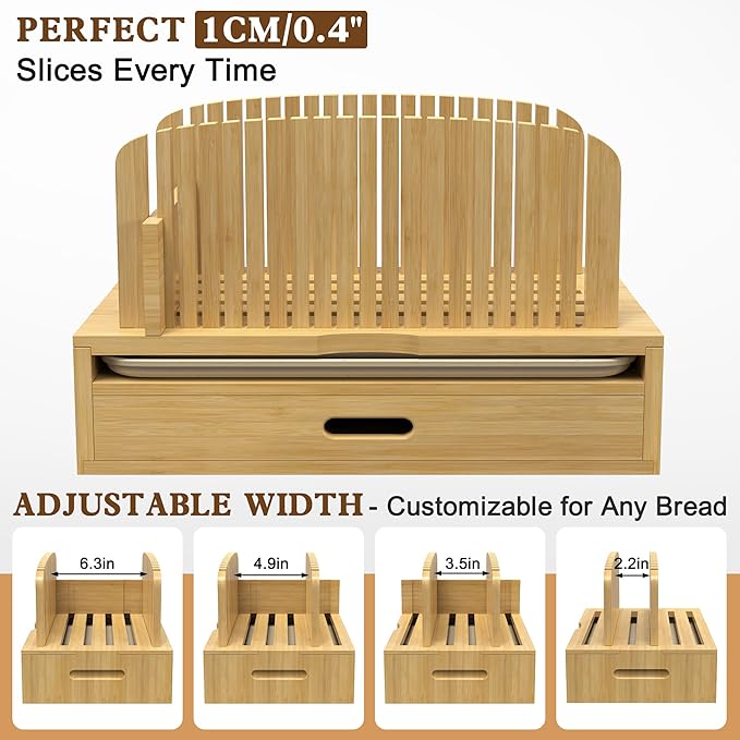 LOHASOK Bamboo Bread Slicer Guide: Bread Cutter for Homemade Bread Loaf - Adjustable and Foldable with Crumb Tray
