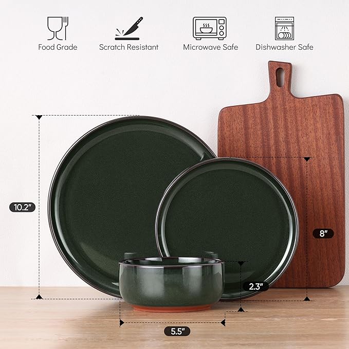 E-far Stoneware Dinnerware Sets for 8, 24 Pieces Reactive Glaze Plates and Bowls Sets, Elegant Dishes with Rustic Terracotta Clay Base, Dishwasher & Microwave Safe, Scratch Resistant, Blackish Green