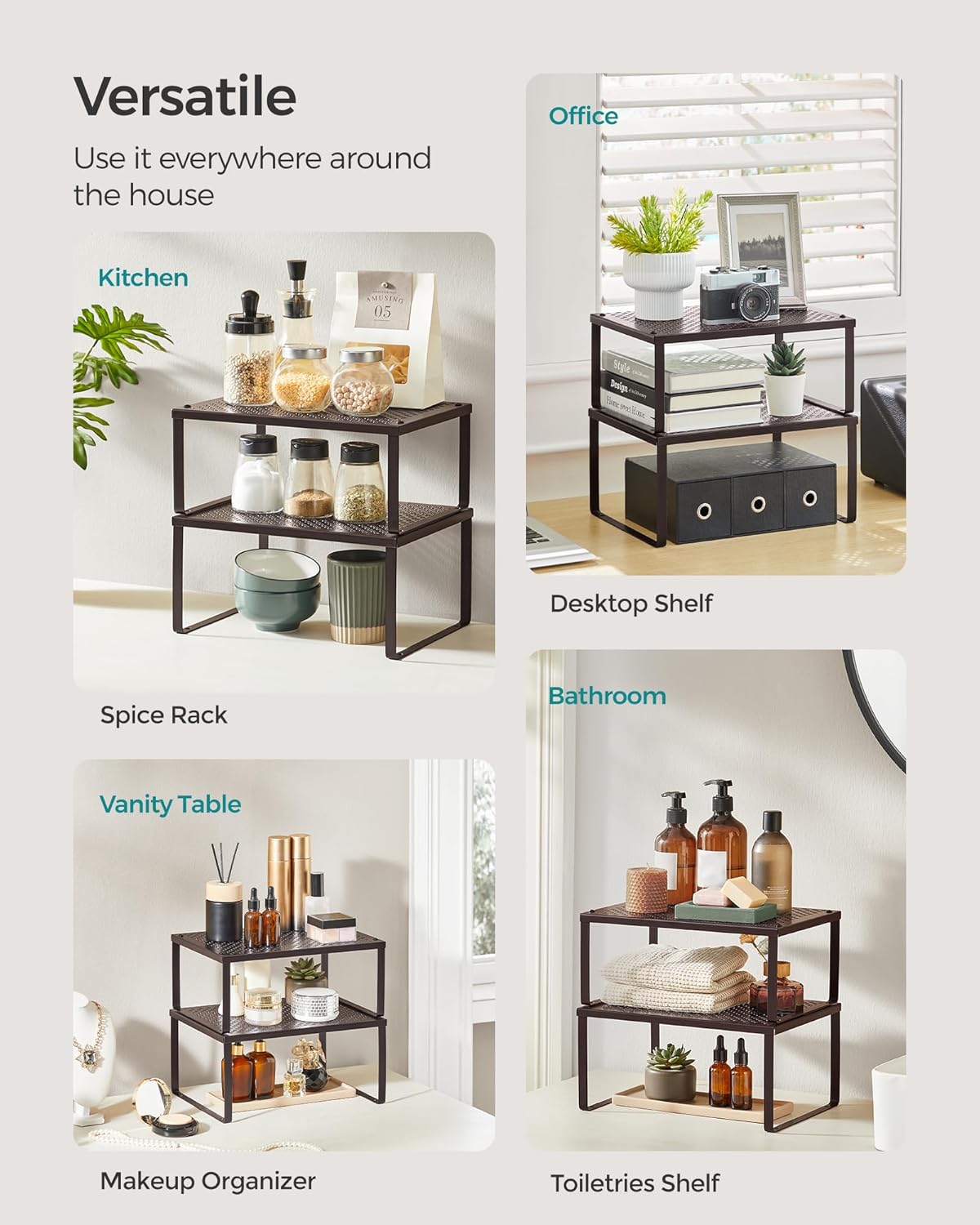 SONGMICS Spice Racks, Set of 4 Metal Cabinet Shelf Organizers, Countertop Organizers, Shelf Risers, Stackable, Expandable, Brown UKCS06BR