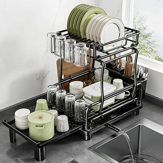 Large 2-Tier Expandable Dish Drying Rack, Heavy Duty Kitchen Countertop Dish Drainer Organizer with Utensil Holder, Extendable Space Saving Plate Storage Rack for Kitchen Sink Counter, Black