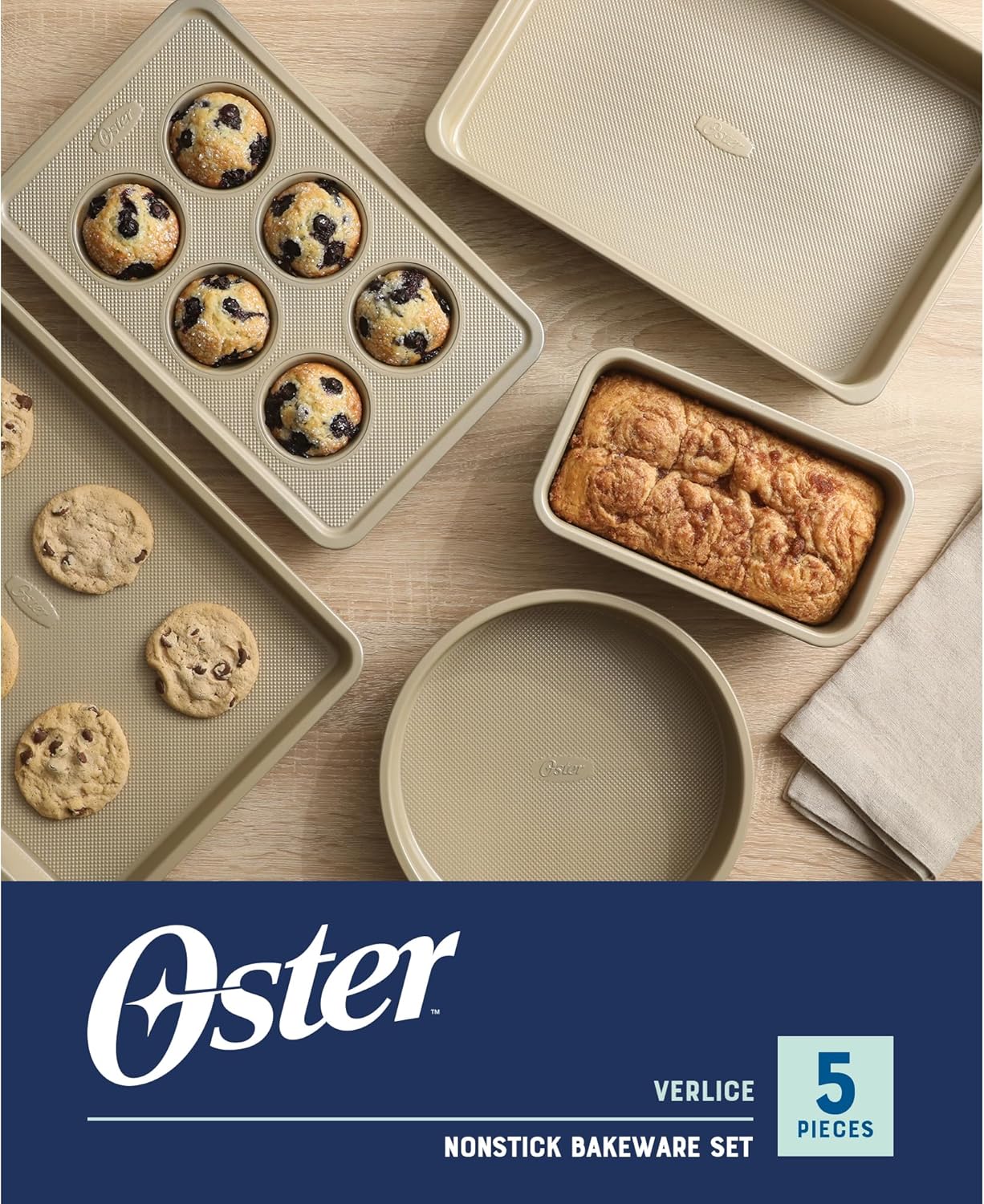 Oster Verlice 5 Piece Carbon Steel Baking Pans Bakeware Set W/Premium PFA Free Nonstick - Champagne Gold