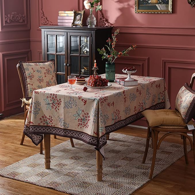 patdrea Designer French Linen Long Rectangle Tablecloth for Rectangle Table,Vintage Red Floral Tablecloths,Table Cover for Kitchen Dining,Tea Party,Christmas,Thanksgiving,Holiday,63"x102"-Newmari