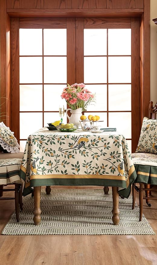 patdrea Designer French Table Cloth for Rectangle Table,Vintage Green Linen Birds and Leaves Pattern Tablecloths,Dacorative Cover Kitchen Dining,Christmas,Thanksgiving,Party,67"x118"-Warbler