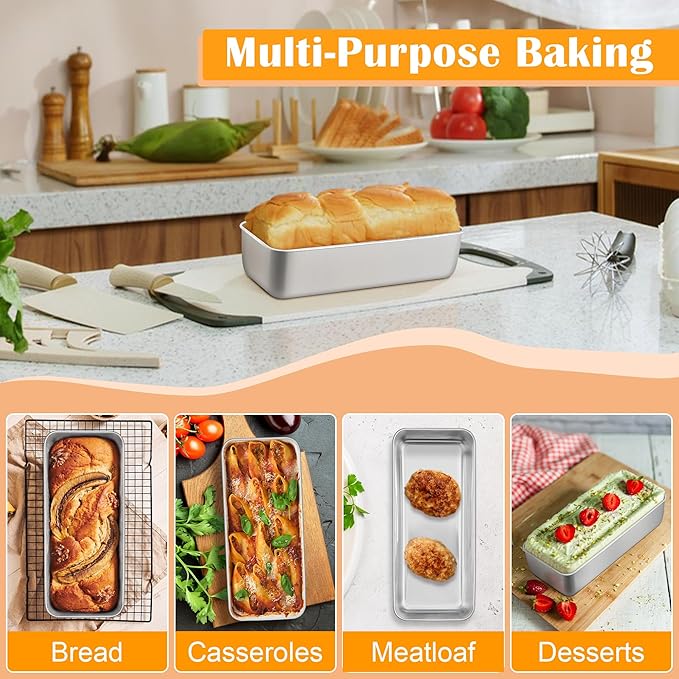 E-far Loaf Pan for Homemade Bread-3 Pack, 12” x 5” Large Stainless Steel Loaf Pans, Long Metal Bread Baking Mold for Banana Cake Meatloaf Sourdough Lasagna, Nontoxic & Dishwasher Safe