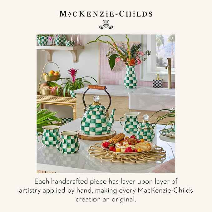 MACKENZIE-CHILDS Enamel Tea Kettle, Stylish Tea Kettle for Stovetop, Green-and-White Emerald Check, 3 Quarts