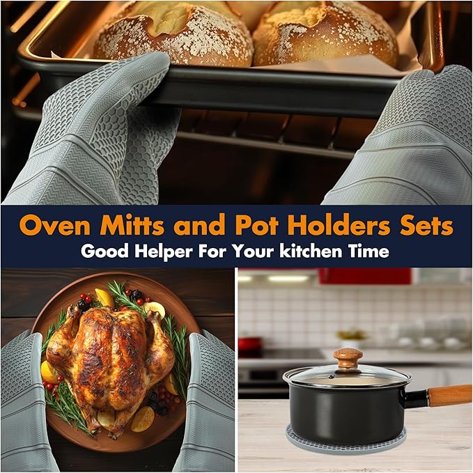 6 Pack Oven Mitts and Pot Holders Sets,Silicone Oven Mitts &Hot Pads,Long Cooking Gloves,Kitchen Trivet Mats,Kitchen Home Essentials,12.9" Mitts 7" Trivets (1*Pair Grey Oven Mitts+4*Trivet)