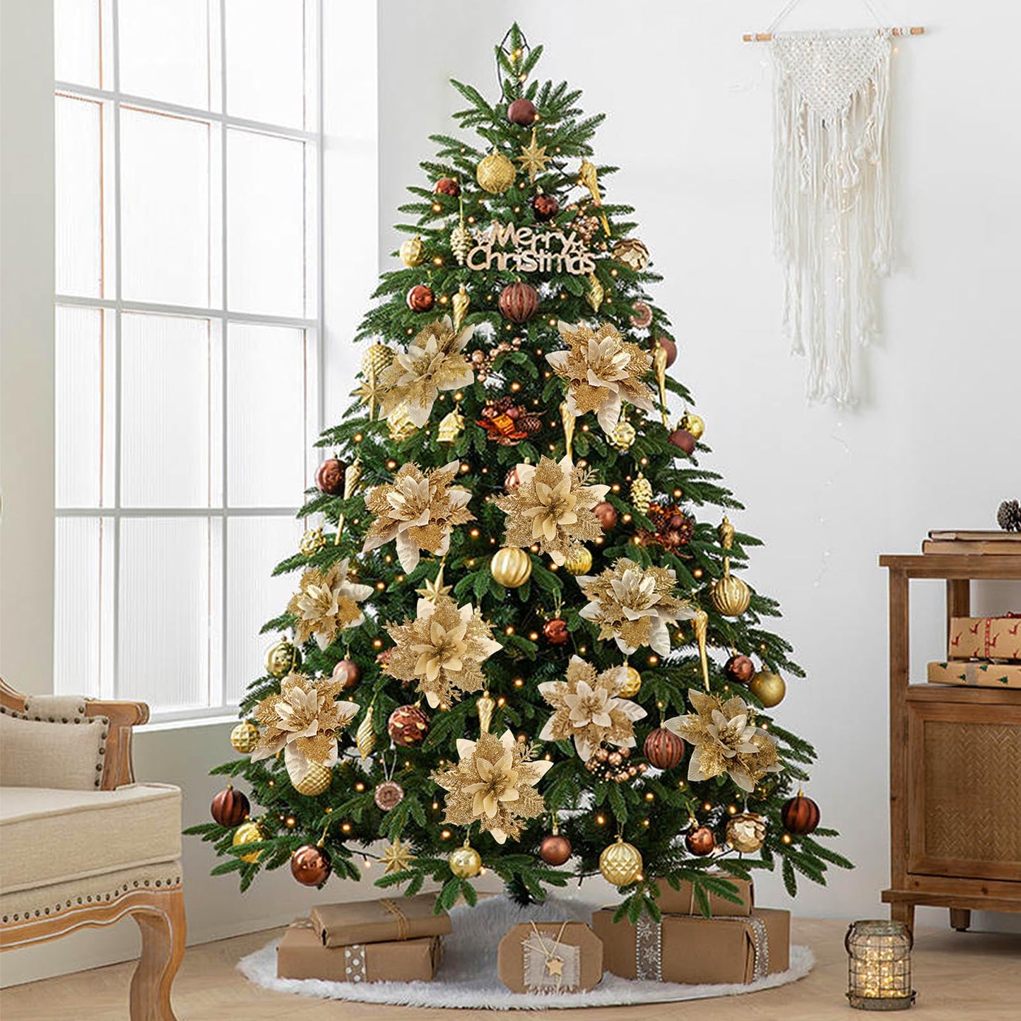 DEEMEI Christmas Poinsettia Artificial Flowers Christmas Tree Wreaths Garland Decoration 15 Pcs 5.5" Glitter Flowers Picks Decor for Xmas New Year Wedding Party Ornaments Gold
