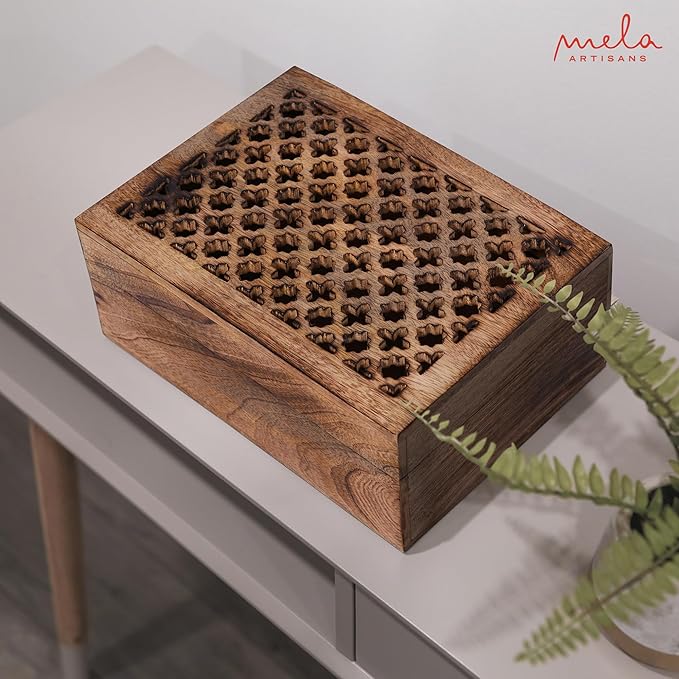 Mela Artisans 10.5” x 7.5” x 4” Mango Wood Box with Lid – Trellis Medium Burnt – Handcrafted Keepsake Box – Extra Large Storage for Jewelry & Home Décor Accents