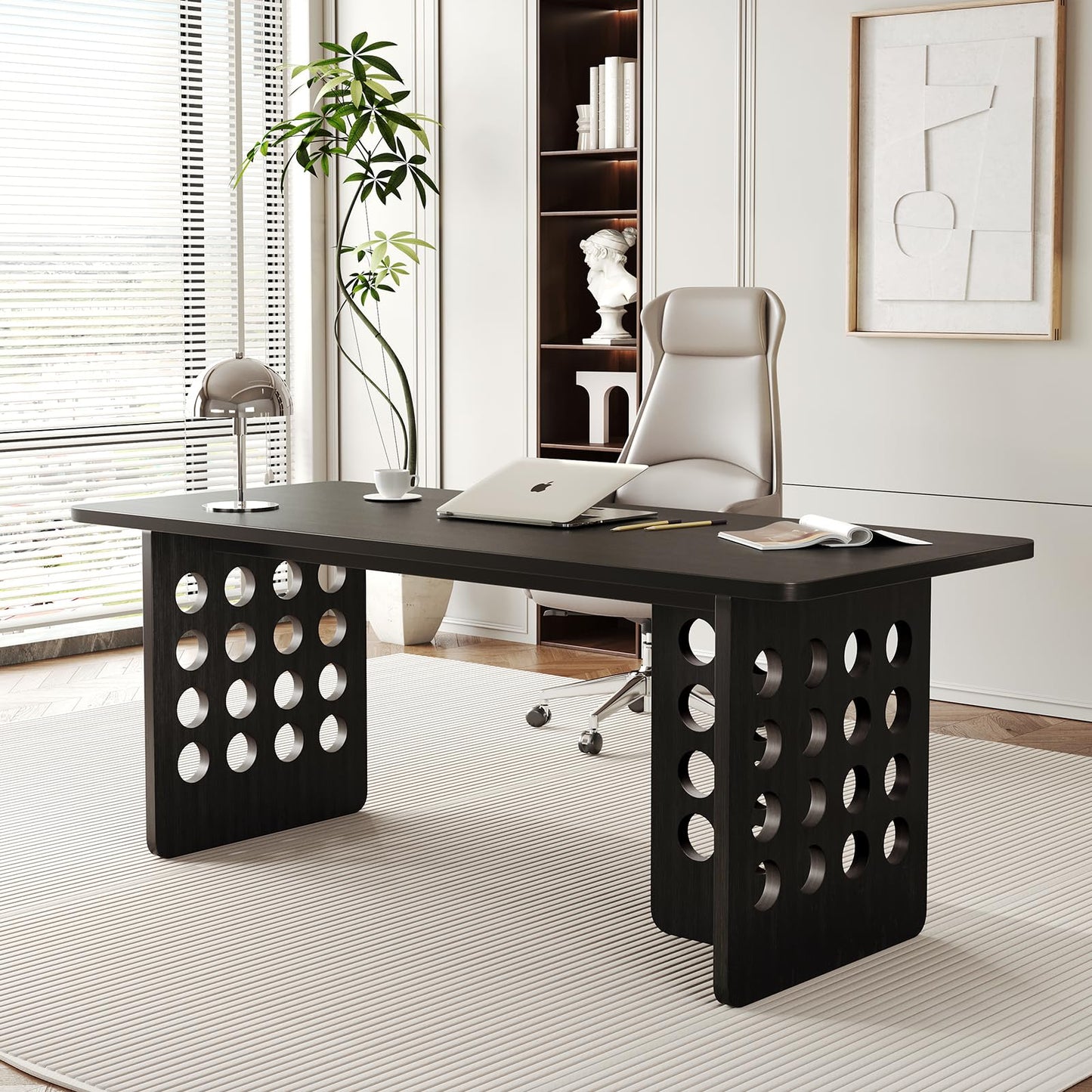 MesaSync 60 Inch Executive Desk, Large Computer Office Desk with Black Desktop，Modern Minimalist Workstations Writing Table Study Desk for Business and Home Office