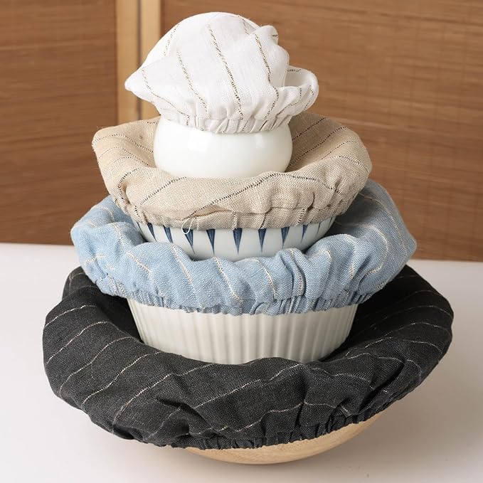 100% Linen Stripe Bowl Covers Reusable For Bread Proofing, 4 Pcs Elastic Cloth Fabric Bowl Covers, 5.9 * 7.9 * 9.8 * 11.8 Inches, Blue
