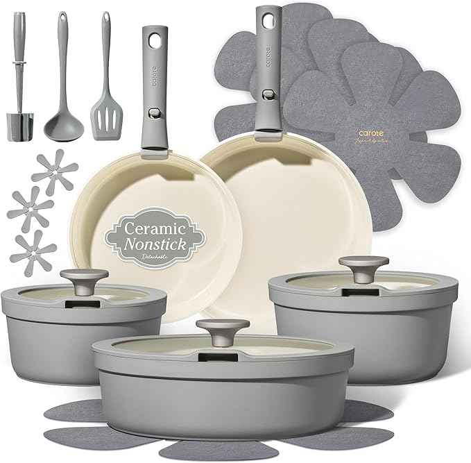 Carote 20pcs Ceramic Cookware Set with Detachable Handles, Pots and Pans Set Non Stick, RV Kitchen Cooking Pot and Pan, Dishwasher Safe, Non-toxic Induction Cookware PFAS and PFOA Free, Grey