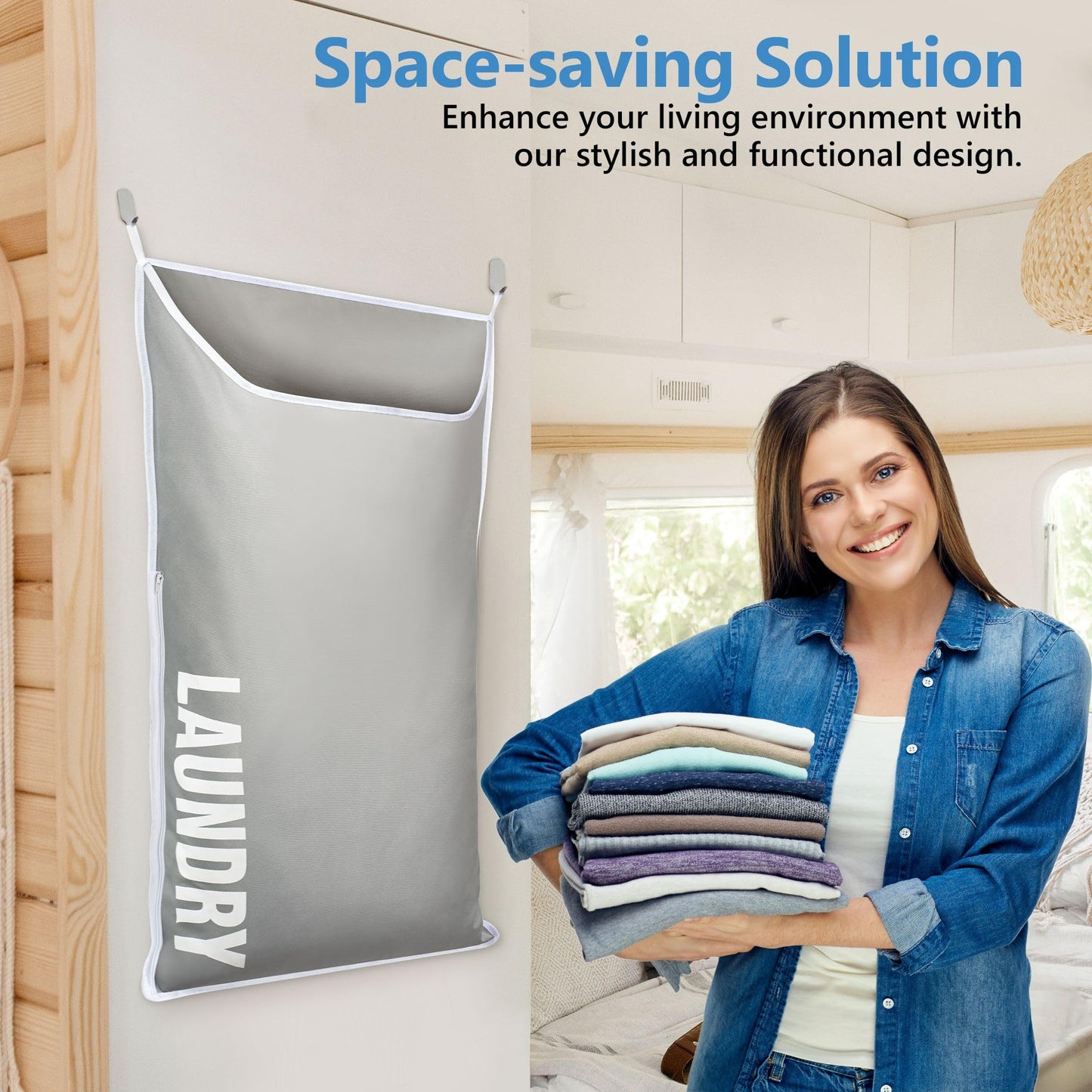 DONAQ Hanging Laundry Hamper Bag XL 40x22", Space Saving over the Door Storage Bags, Behind the Door Hampers for Dirty Clothes & Wall Mounted Basket for Bathroom, Organizer for Small Room Spaces RV