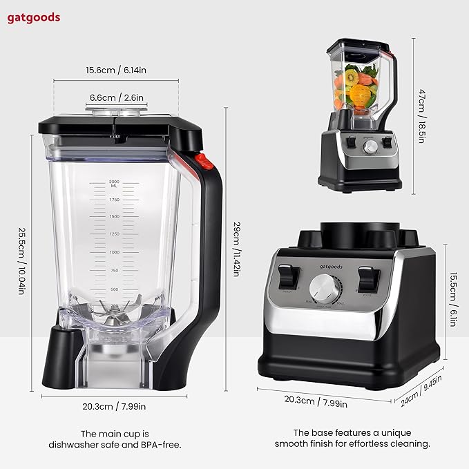 GATGOODS 72 Oz Large Blender - 2200W Professional, High Speed Commercial Blender, Variable Speed, Self-Cleaning, Dishwasher Safe