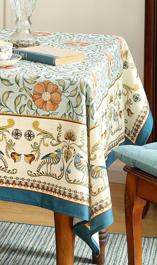 patdrea Designer French Linen Blue Tablecloth for Rectangle Table,Vintage Floral Table Cloth,Colorful Decoration Fall Cover Kitchen Dining for Thanksgiving,Tea Party,Christmas,63"x94"-Wensel