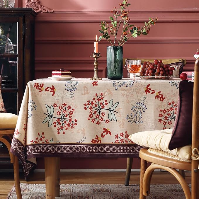 patdrea Designer French Linen Long Rectangle Tablecloth for Rectangle Table,Vintage Red Floral Tablecloths,Table Cover for Kitchen Dining,Tea Party,Christmas,Thanksgiving,Holiday,63"x102"-Newmari