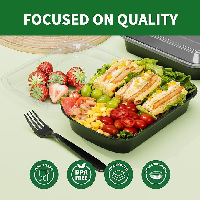 Meal Prep Containers, 50 Pack 32oz (100-Piece) Disposable Take Out Food Storage Containers with Leakproof Lids, Reusable Plastic To Go Lunch Boxes, BPA Free, Microwave/Dishwasher/Freezer Safe