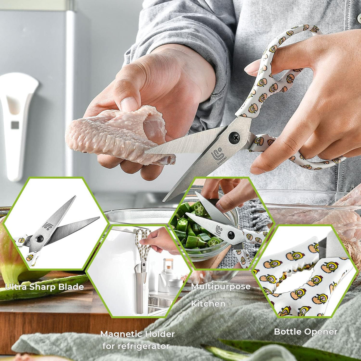 Linoroso Kitchen Scissors Heavy Duty Kitchen Shears with Magnetic Holder Made with Japanese Steel 4034, Multipurpose Ultra Sharp Cooking Scissors for Meat/Vegetables/BBQ/Herbs/Pizza (Graphic,Chick)