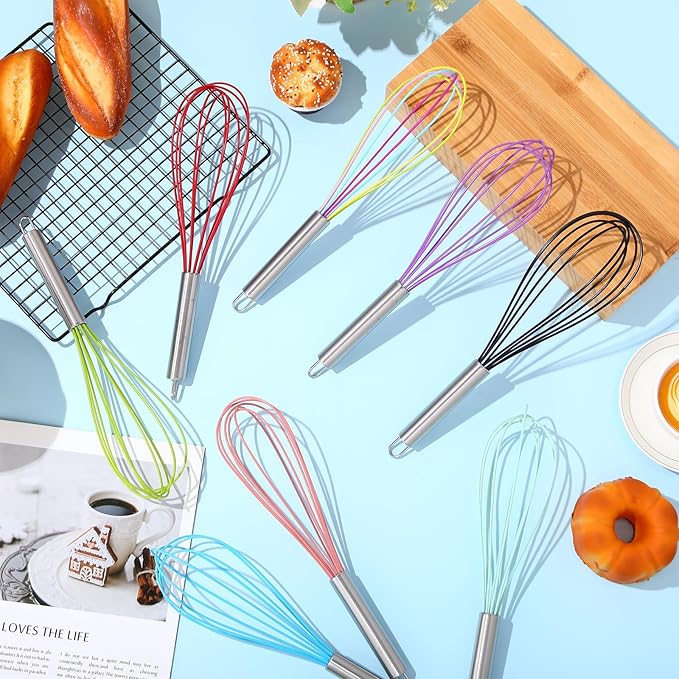 Domensi 8 Pcs 8 Inch Whisks Bulk for Cooking Silicone Whisks Non Scratch Stainless Steel Hand Coated Metal Heat Resistant Egg Beaters for Classroom Cook Party Favor Gift Supplies