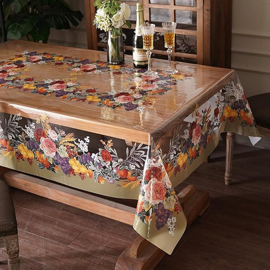Clear Table Cover Protector Vinyl PVC Rectangle Table Cloth Oil Spill Proof Plastic Tablecloths for Dining Tables Parties Holidays (Floral Fruit, 60 x 84 Inches)