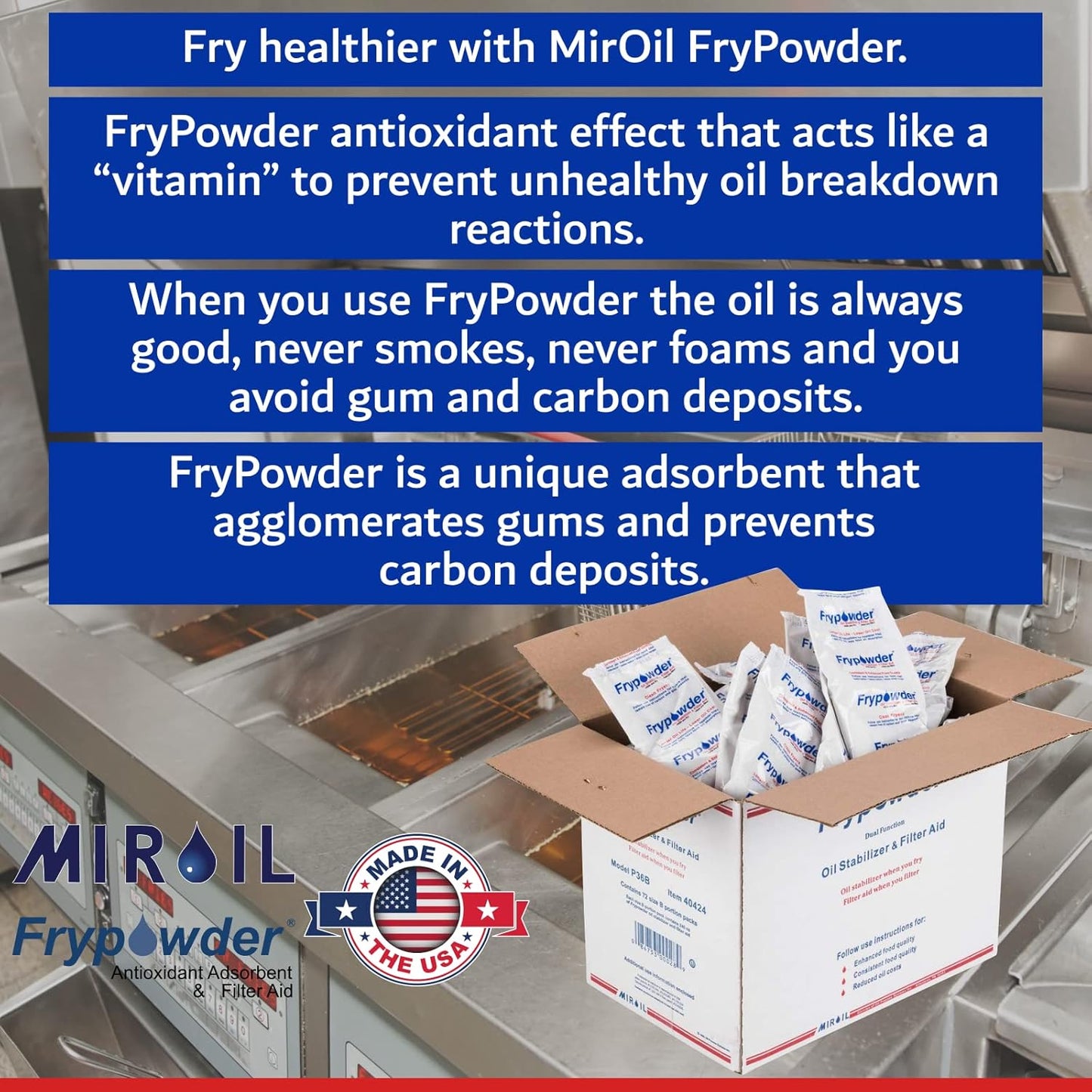 MirOil P36B Fry Powder Oil Stabilizer and Filter Aid, Deep Fryer Cooking Oil Saver Helps Save Grease & Remove Carbon Deposits, 72 x Size B Portion Pack(240ML Each) Fry Powder, Food Center Cooks Hotter