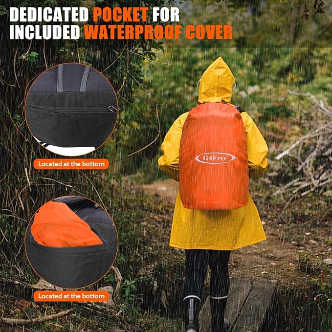 G4Free 35L Hiking Backpack Water Resistant Outdoor Sports Travel Daypack Lightweight with Rain Cover for Women Men (Black)