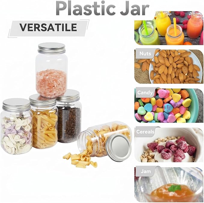 novelinks 16 oz Clear Plastic Jars with Lids, Refillable 16oz Mason Jars with Lids & Storage Containers for Kitchen & Household Use (24 Pack,Silver)