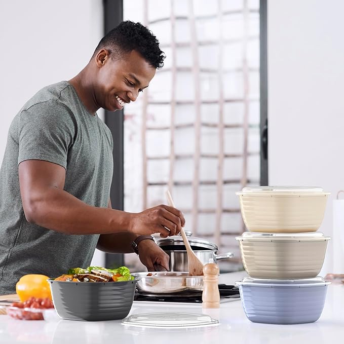 Bentgo Prep - 1-Compartment Bowls with Custom-Fit Lids - Reusable, Microwave Safe, Durable, PFAS & BPA-Free, Freezer & Dishwasher Safe Meal Prep Food Storage - 10 Bowls & 10 Lids (White Stone Tan)