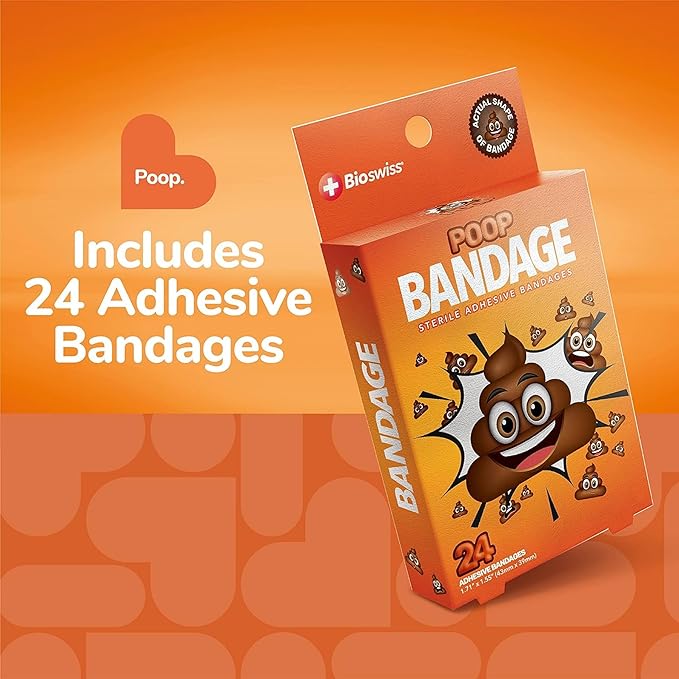 BioSwiss Bandages, Poop Shaped Self Adhesive Bandage, Latex Free Sterile Wound Care, Fun First Aid Kit Supplies for Kids, 24 Count