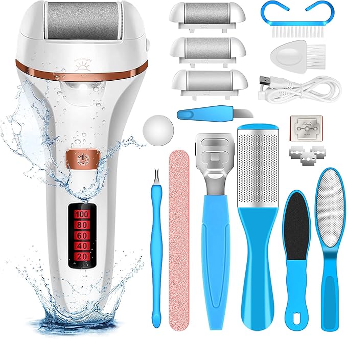 Electric Foot File Callus Remover, Rechargeable Pedicure Tools Foot Care Kit, Callus Remover for Feet with 3 Roller Heads,2 Speed, Display for Remove Cracked Heels Calluses and Hard Skin