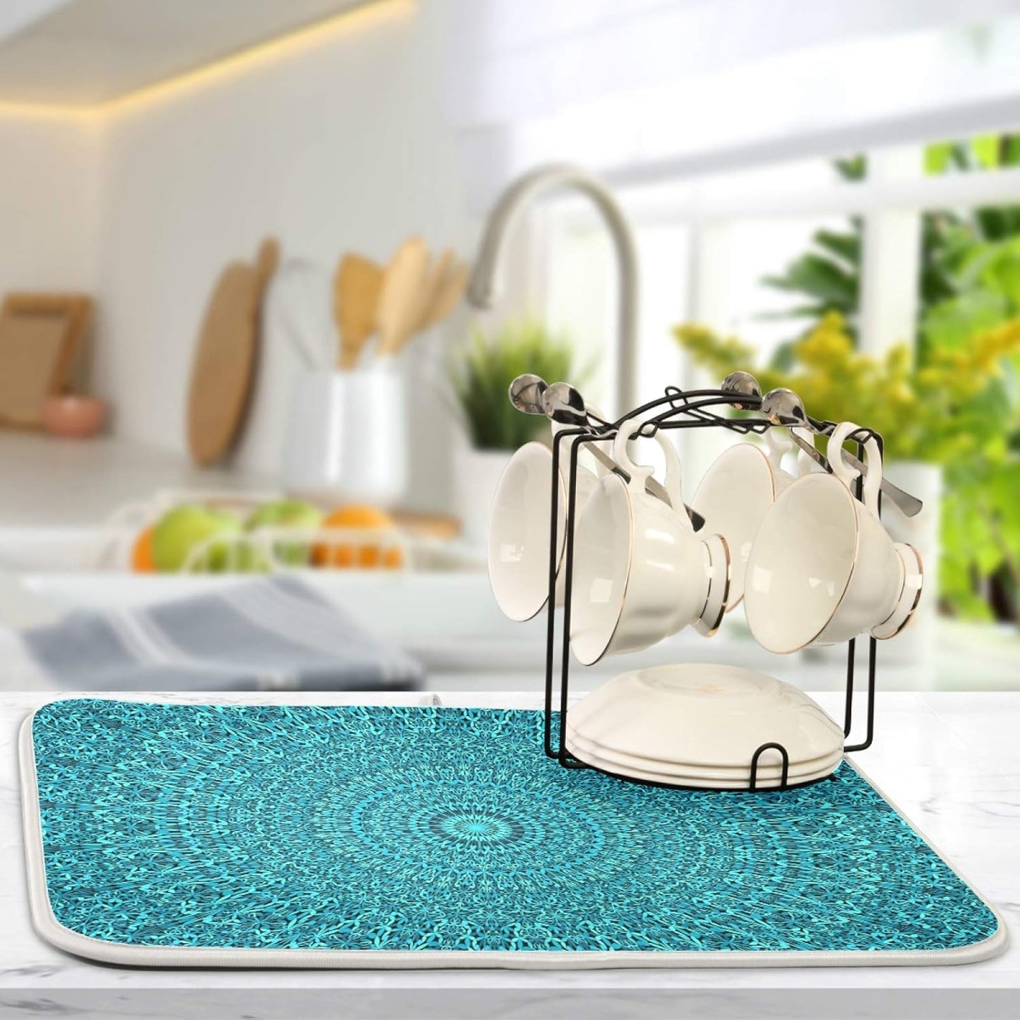Super Absorbent Dish Drying Mat Microfiber Fast-Drying Dish Mat 16" x 18" Kitchen Dish Drying Pad Mandala Turquoise Teal Blue Green