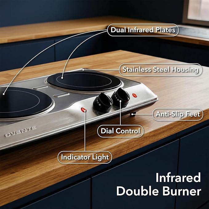 OVENTE Countertop Infrared Double Burner, 1700W Electric Hot Plate and Portable Stove with 7.75" and 6.75" Ceramic Glass Cooktop, 5 Level Temperature Setting and Easy to Clean Base, Silver BGI102S