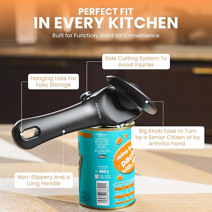 Bellemain Stainless Steel Can Opener – Manual Can Opener For seniors - Ergonomic Smooth edge Can Opener Hand Held Heavy Duty – Easy to use can opener safe cut