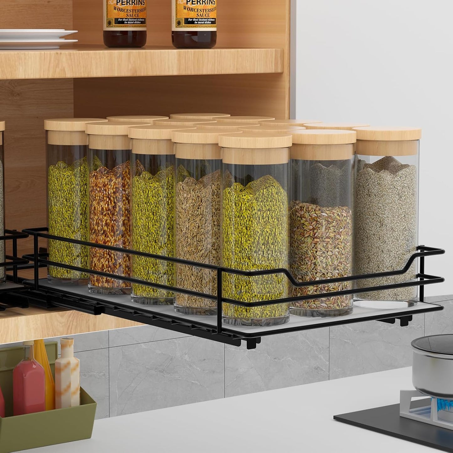 Pull Out Spice Rack Organizer for Cabinet, Heavy Duty Slide Out Spice Rack Organizer for Kitchen Cabinets and Pantry, Fits Spices, Sauces, Canned Food (6.5''Wx10.5''Dx2.5''H)