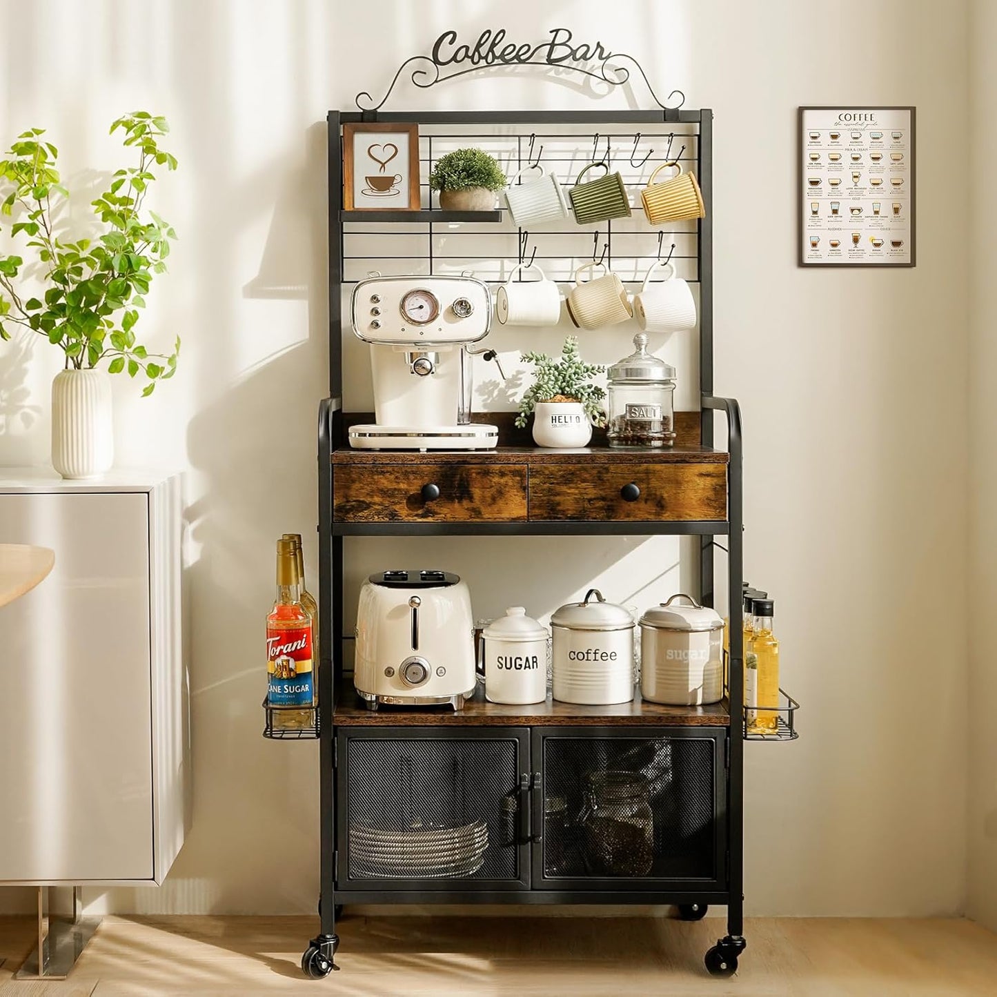 Coffee Bar Cart with Wheels, Coffee Bar Table, Kitchen Coffee Bar Cabinet with Storage, Rustic Coffee Bar, Rolling Coffee Cart, Coffee Nook, Corner Coffee Bar Station with Drawer, Bakers Rack