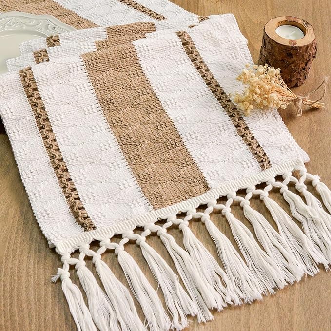 FEXIA Boho Table Runner for Hoilday Spring Home Decor with Tassels 60 Inches Long Pottery barn Furniture Farmhouse Rustic Macrame Burlap Table Decoration for Living Room (12x60 Inches)