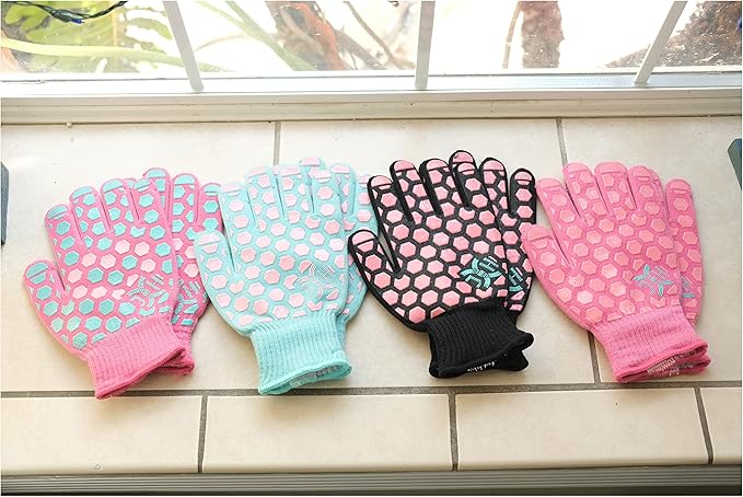 J H Heat Resistant Oven Glove:EN407 Certified 932 °F, 2 Layers Silicone Coating, Oven Mitts for Cooking,Kitchen,Fireplace, Grilling,1Pair (Coral Shell with Turquoise/Pink, Women Fits All)