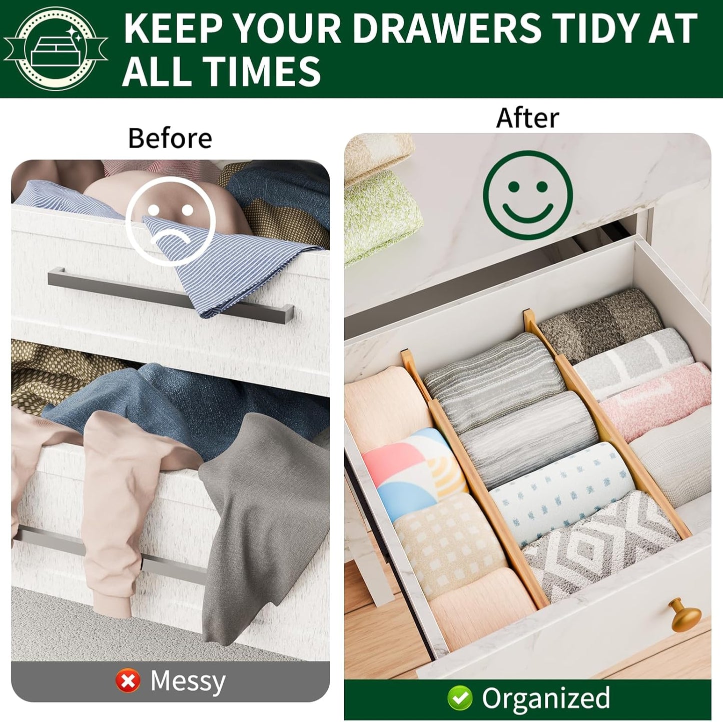 6 Pack Bamboo Drawer Dividers 2.6" High,17-22" Adjustable Spring Loaded Drawer Organizers for Kitchen, Dresser, Bathroom, Bedroom and Office