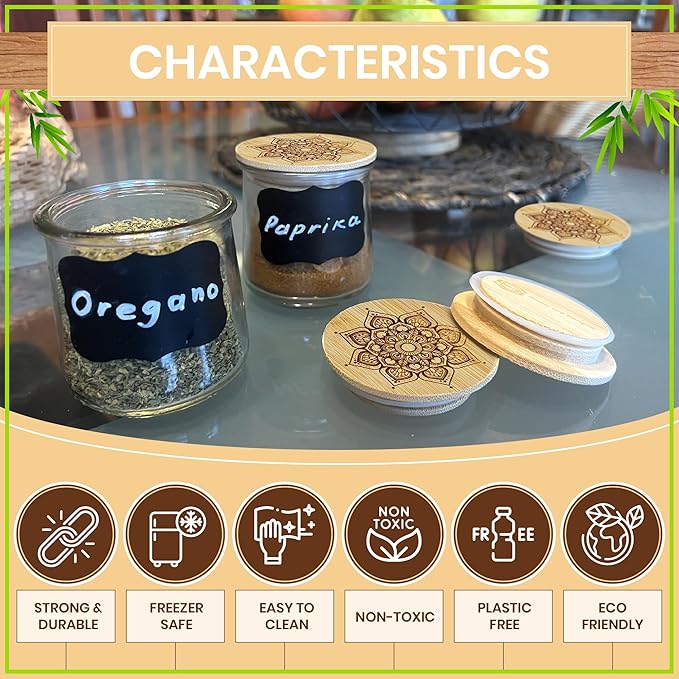 Oui Yogurt Jar Lids Bamboo Mandala – 24-Pack Airtight Bamboo Lids for Oui Glass Jars – Fits Regular & Petite Yogurt Jars – Reusable Jar Tops with Labels & Storage Bag