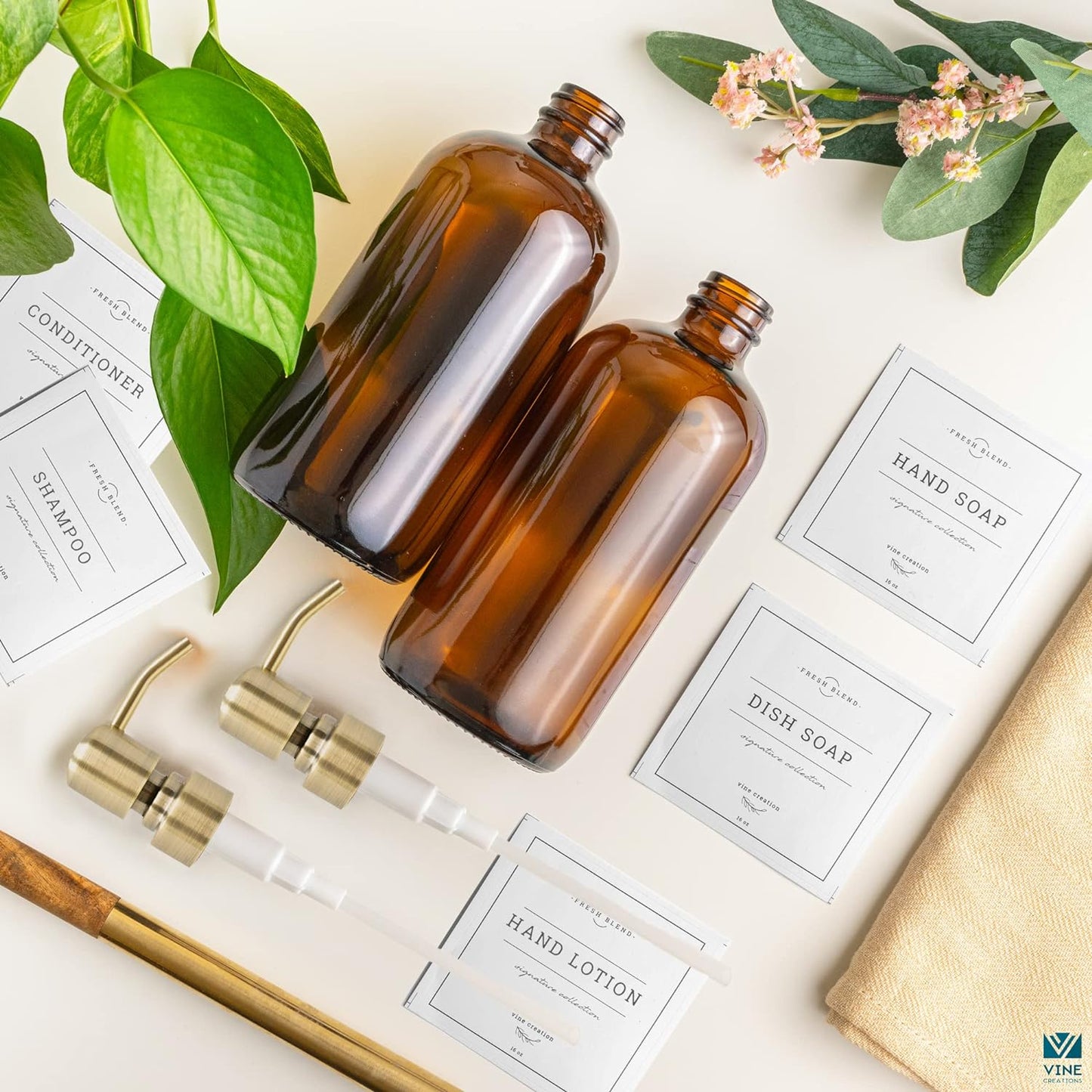 Vine Creations Amber Glass Soap Dispenser, 2 Pack Kitchen Soap Dispenser Set with Stainless Steel Pump, 16 oz Dish Soap and Hand Soap Dispensers for Bathroom with Waterproof Labels