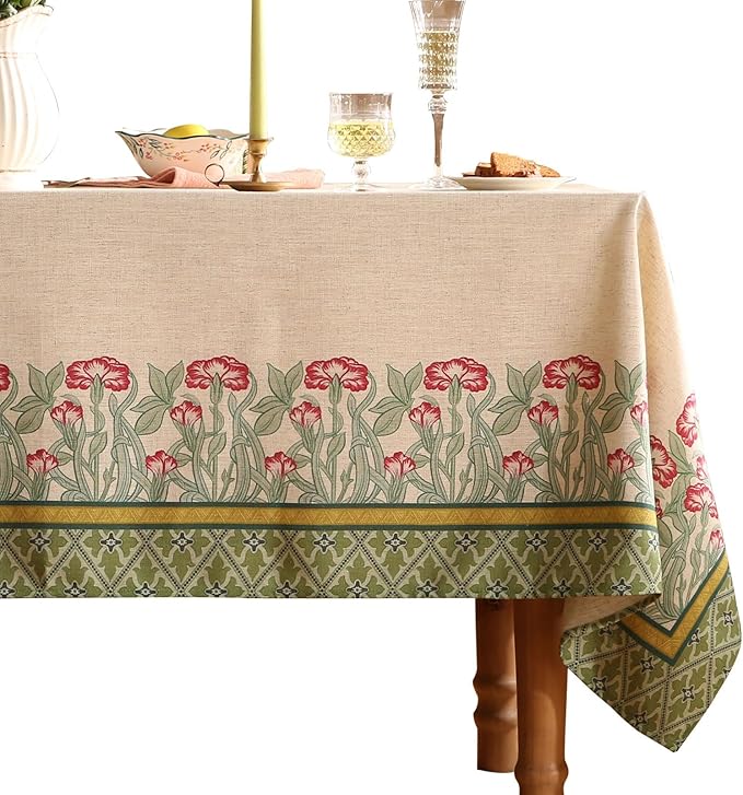 patdrea Designer Vintage Linen Rectangle Table Cloth,Floral Leaves Pattern Anti-Wrinkle Green Tablecloth,Decor Table Cover for Kitchen Dining Christmas,Party,Thanksgiving,63"x87"-Cecilia D