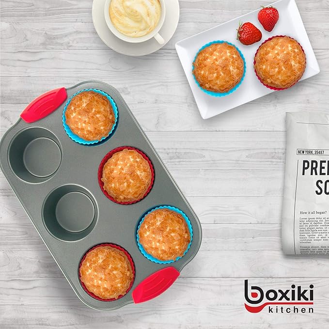 Duo: Non-Stick Steel 6-Cup Muffin Pan with Silicone Handles & Reusable Liners + Premium 11x14 Inch Non-Stick Baking & Cookie Sheet Pan.