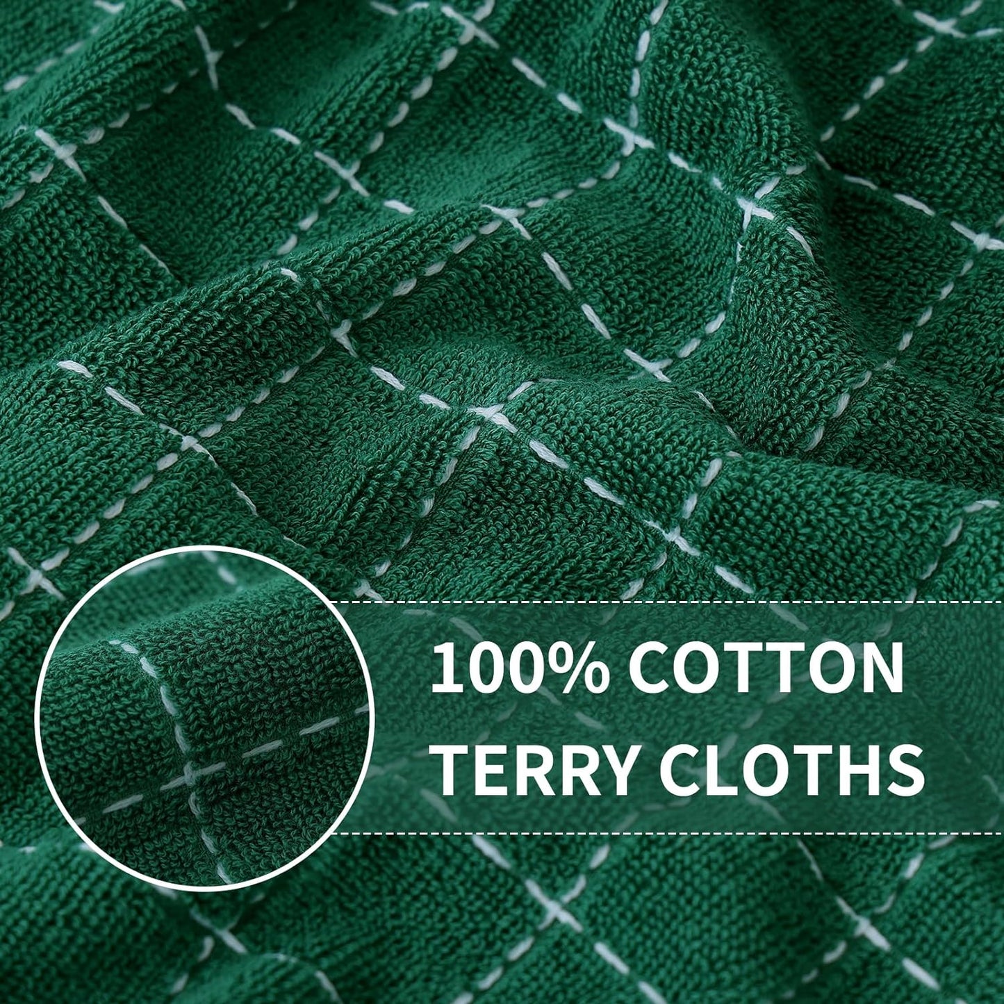 Homaxy 100% Cotton Terry Kitchen Towels(Dark Green, 13 x 28 inches), Checkered Designed, Soft and Super Absorbent Dish Towels, 12 Pack
