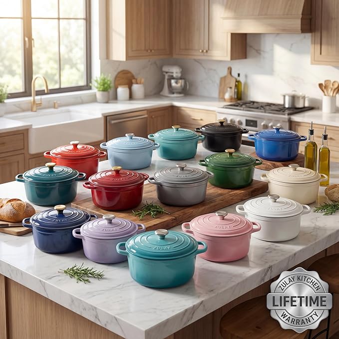Zulay Kitchen 7.7 Quart Enameled Cast Iron Dutch Oven Pot with Lid – Premium Durability & Oven Safe up to 500°F – Heavy Duty Cookware Perfect for Bread Baking, Stews, Braising & Roasting – Ivory