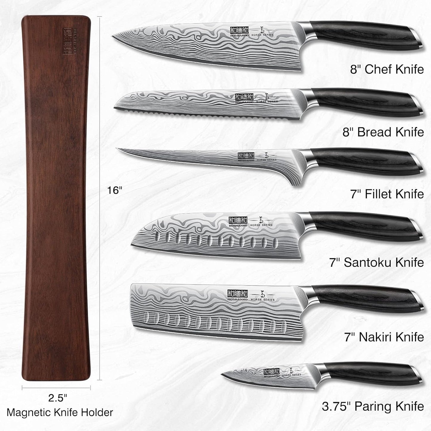 HOSHANHO 7 Pieces Knife Set with Magnetic Knife Holder, Ultra Sharp Powder Steel Kitchen Knives Set, Professional Chef Knife Sets with Ergonomic Pakkawood Handle