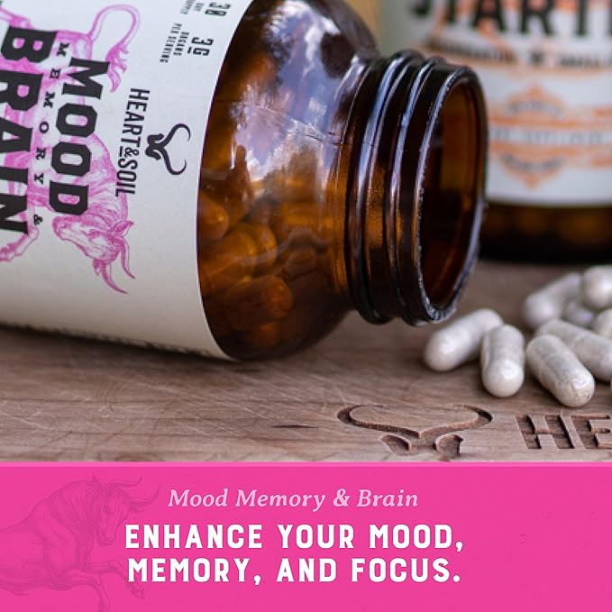 HEART & SOIL Grass Fed Beef Brain Supplement – 3000mg Brain Supplements for Memory and Focus with DHA, EPA, Choline, B12, Folate, Riboflavin, Selenium & Copper - Non-GMO, Allergen-Free - 180 Capsules