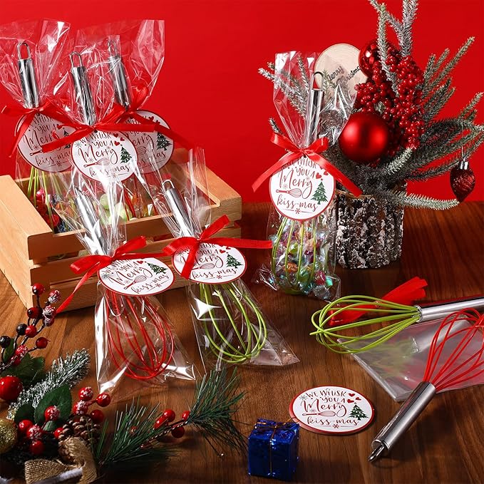 6 Sets 10 Inch Christmas Whisks Gifts DIY Fillable Christmas Tree Ornaments Xmas Colored Silicone Whisks for Cooking Heat Resistant Egg Beaters with Card Rope Bag for Candy Holder